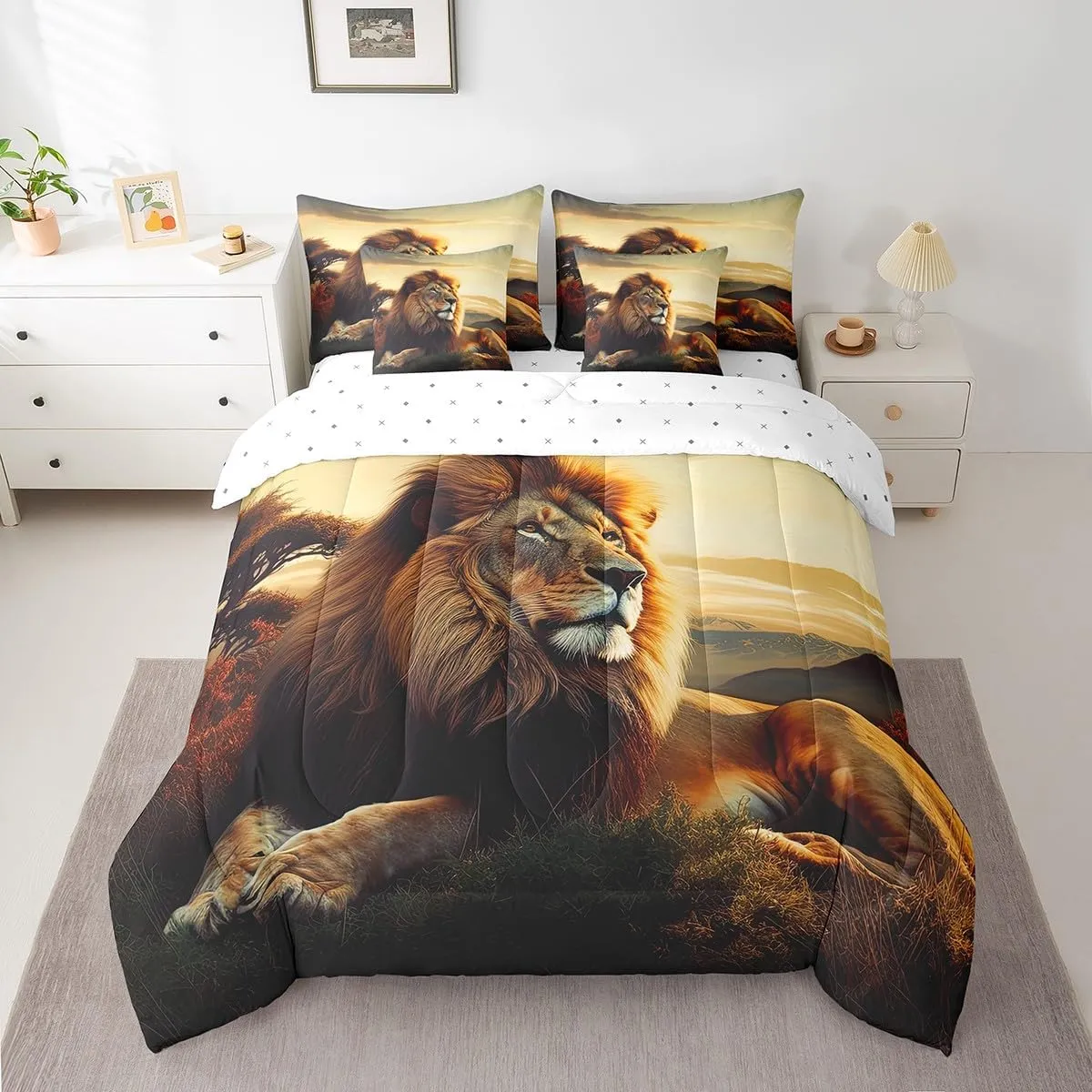 Erosebridal Lion King Comforter Set 7 Piece 3D Lion Bedding Set for Kids Adults Men Wildlife Bed in A Bag Grassland Animal Reversible Bedding Comforter Sets Lightweight for All Season