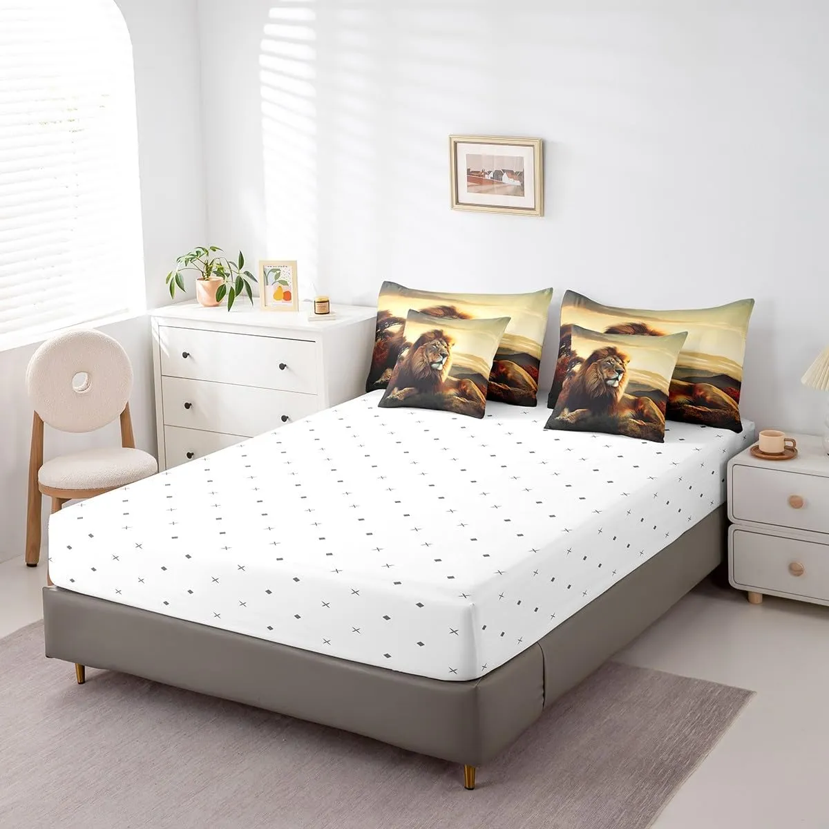 Erosebridal Lion King Comforter Set 7 Piece 3D Lion Bedding Set for Kids Adults Men Wildlife Bed in A Bag Grassland Animal Reversible Bedding Comforter Sets Lightweight for All Season
