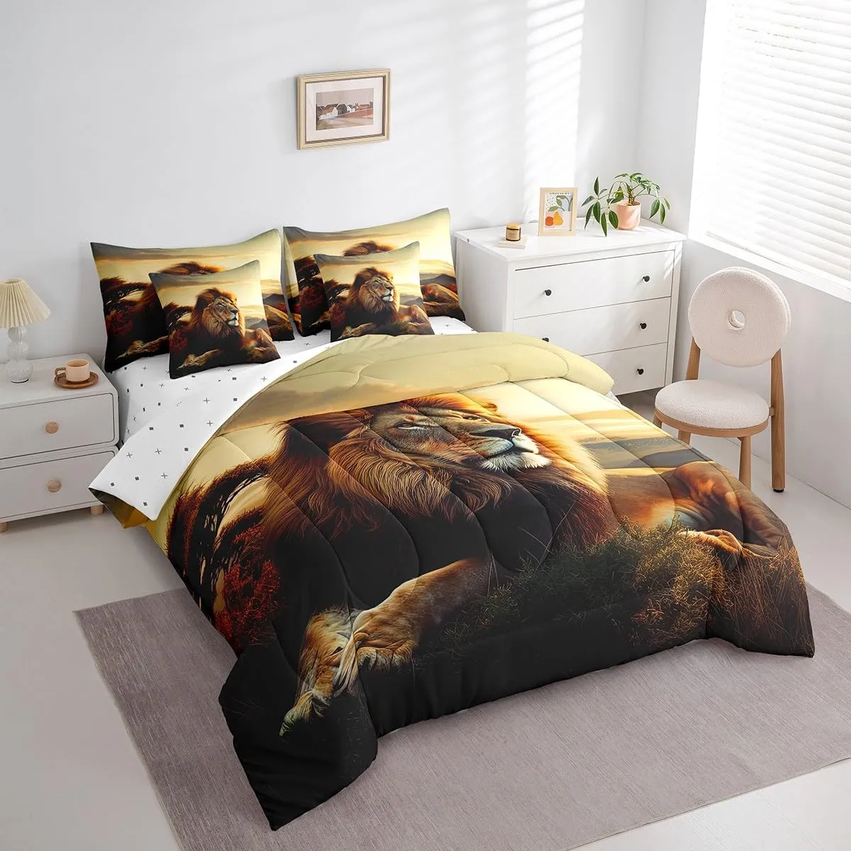 Erosebridal Lion King Comforter Set 7 Piece 3D Lion Bedding Set for Kids Adults Men Wildlife Bed in A Bag Grassland Animal Reversible Bedding Comforter Sets Lightweight for All Season