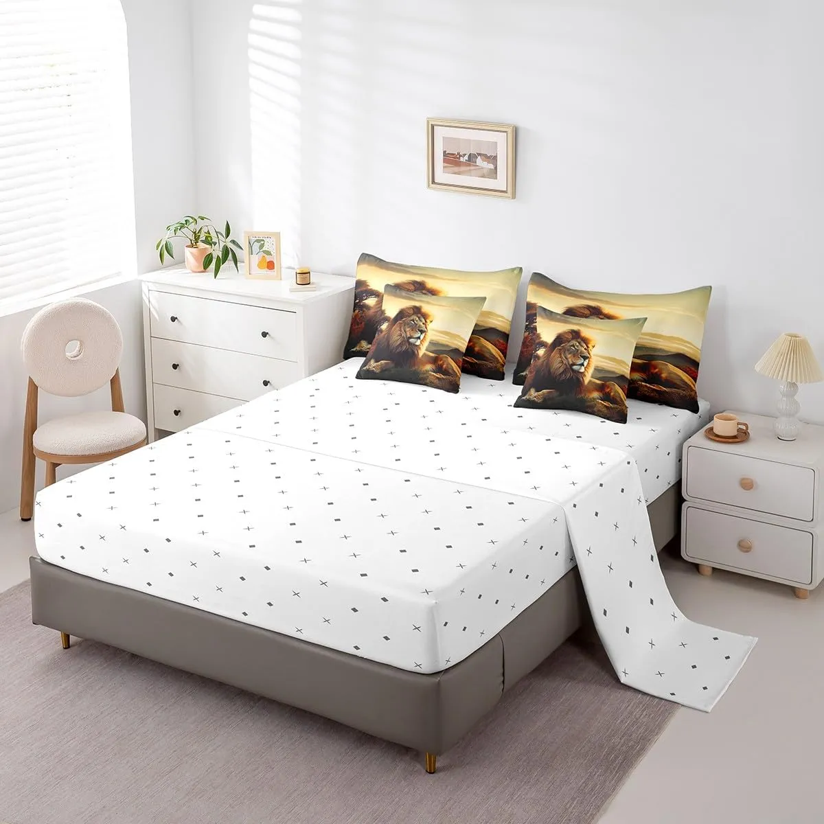 Erosebridal Lion King Comforter Set 7 Piece 3D Lion Bedding Set for Kids Adults Men Wildlife Bed in A Bag Grassland Animal Reversible Bedding Comforter Sets Lightweight for All Season