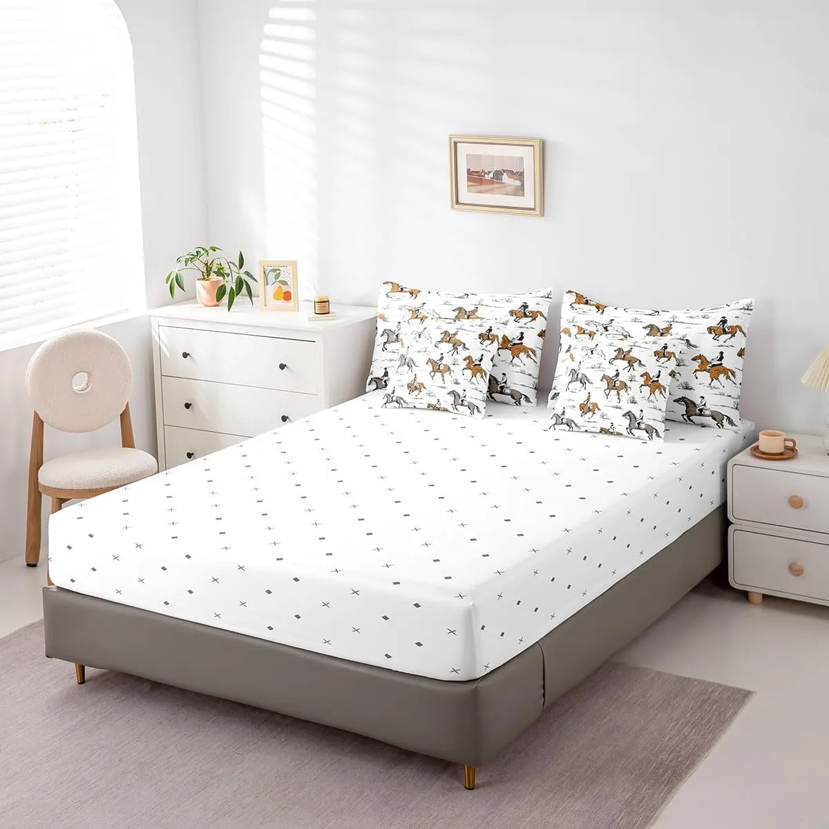 Erosebridal Western Cowboy Queen Bedding Set 7 Piece Running Horse Bed in A Bag Equestrian Sport Comforter Set for Kids Boys Adults Horse Riders Sheet Set with Comforter