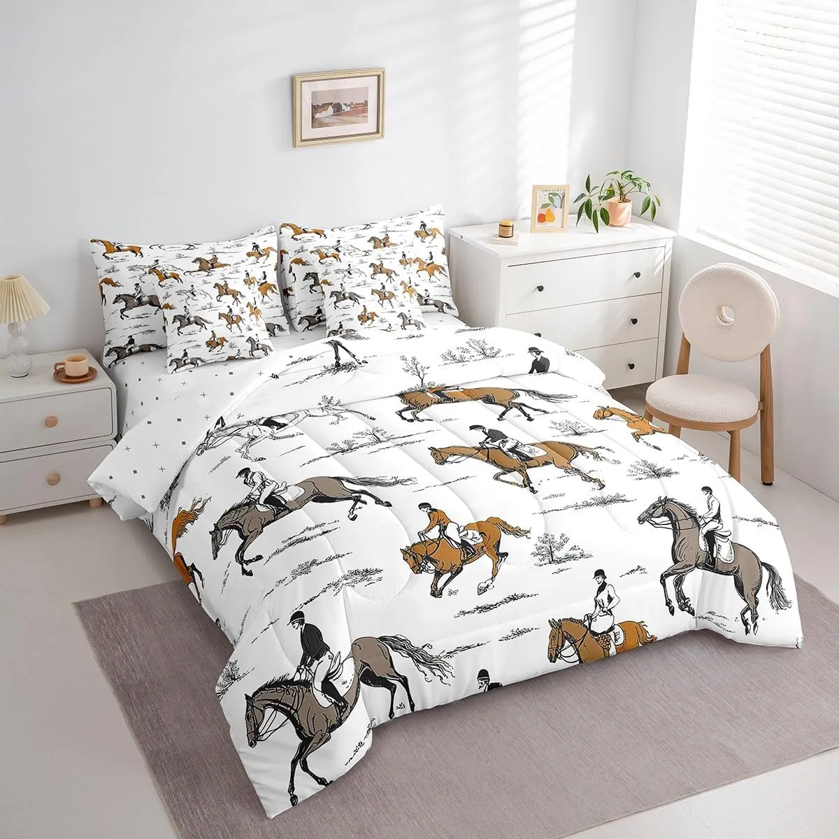 Erosebridal Western Cowboy Queen Bedding Set 7 Piece Running Horse Bed in A Bag Equestrian Sport Comforter Set for Kids Boys Adults Horse Riders Sheet Set with Comforter