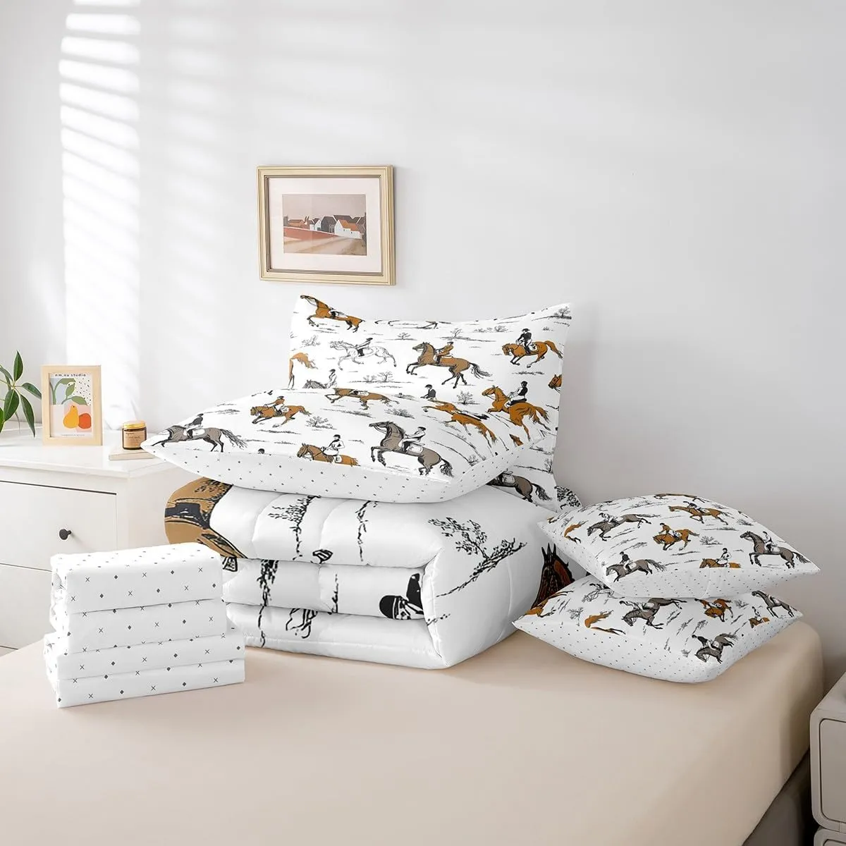 Erosebridal Western Cowboy Queen Bedding Set 7 Piece Running Horse Bed in A Bag Equestrian Sport Comforter Set for Kids Boys Adults Horse Riders Sheet Set with Comforter