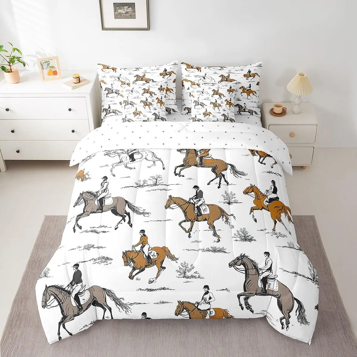 Erosebridal Western Cowboy Queen Bedding Set 7 Piece Running Horse Bed in A Bag Equestrian Sport Comforter Set for Kids Boys Adults Horse Riders Sheet Set with Comforter
