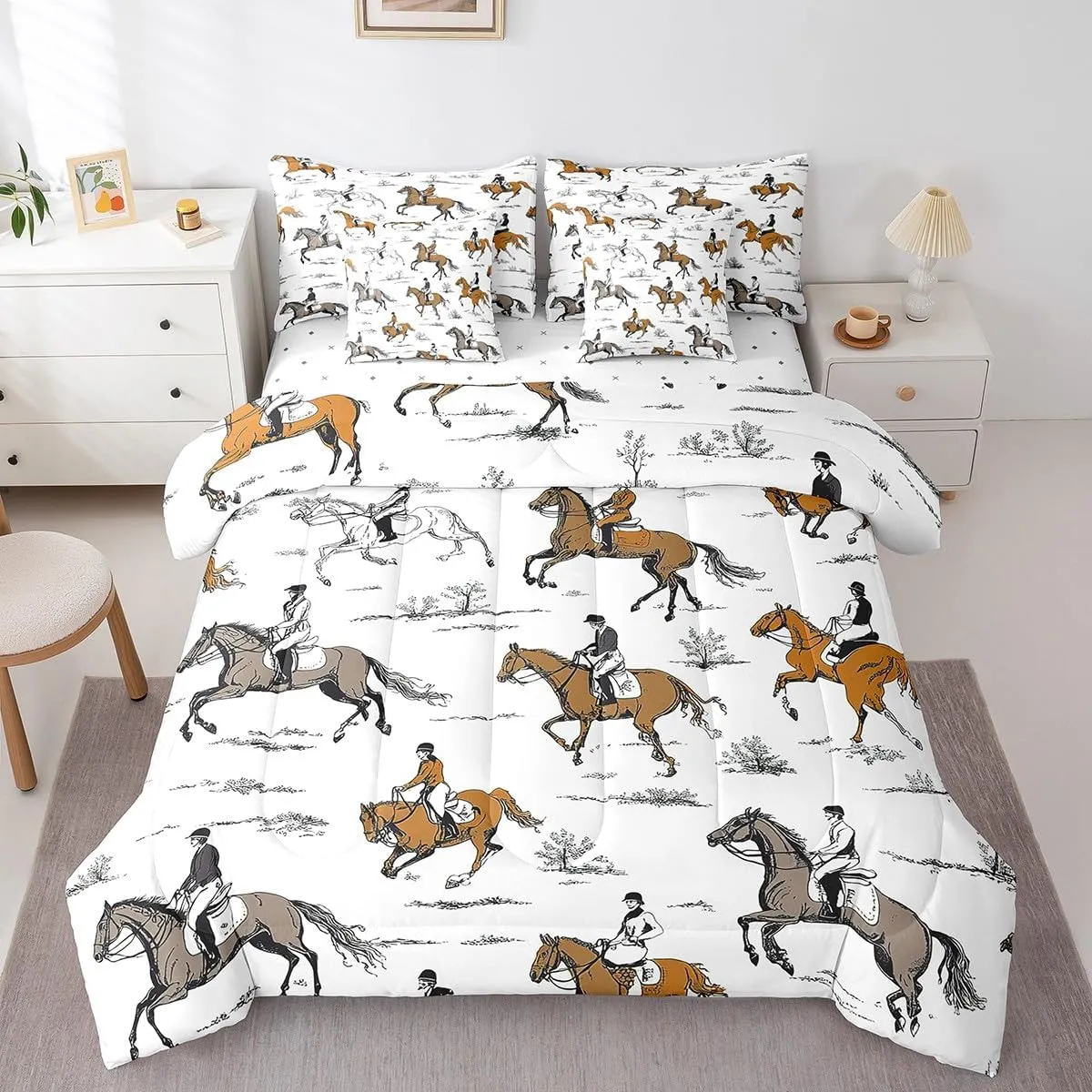 Erosebridal Western Cowboy Queen Bedding Set 7 Piece Running Horse Bed in A Bag Equestrian Sport Comforter Set for Kids Boys Adults Horse Riders Sheet Set with Comforter