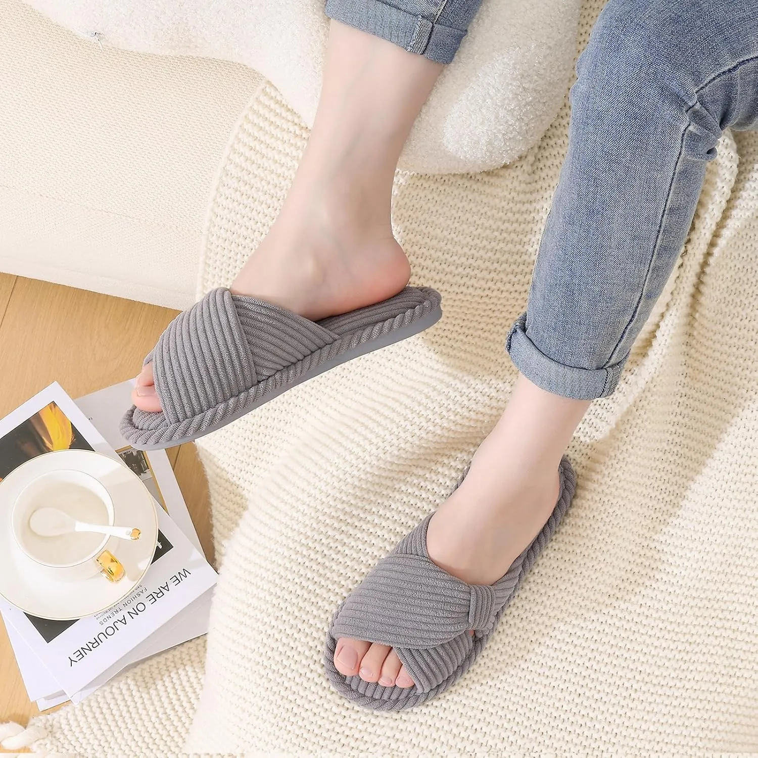 Evshine Summer House Slippers for Women Corduroy Cross Bow Indoor Slippers Open Toe Slip On Bedroom Shoes with Memory Foam