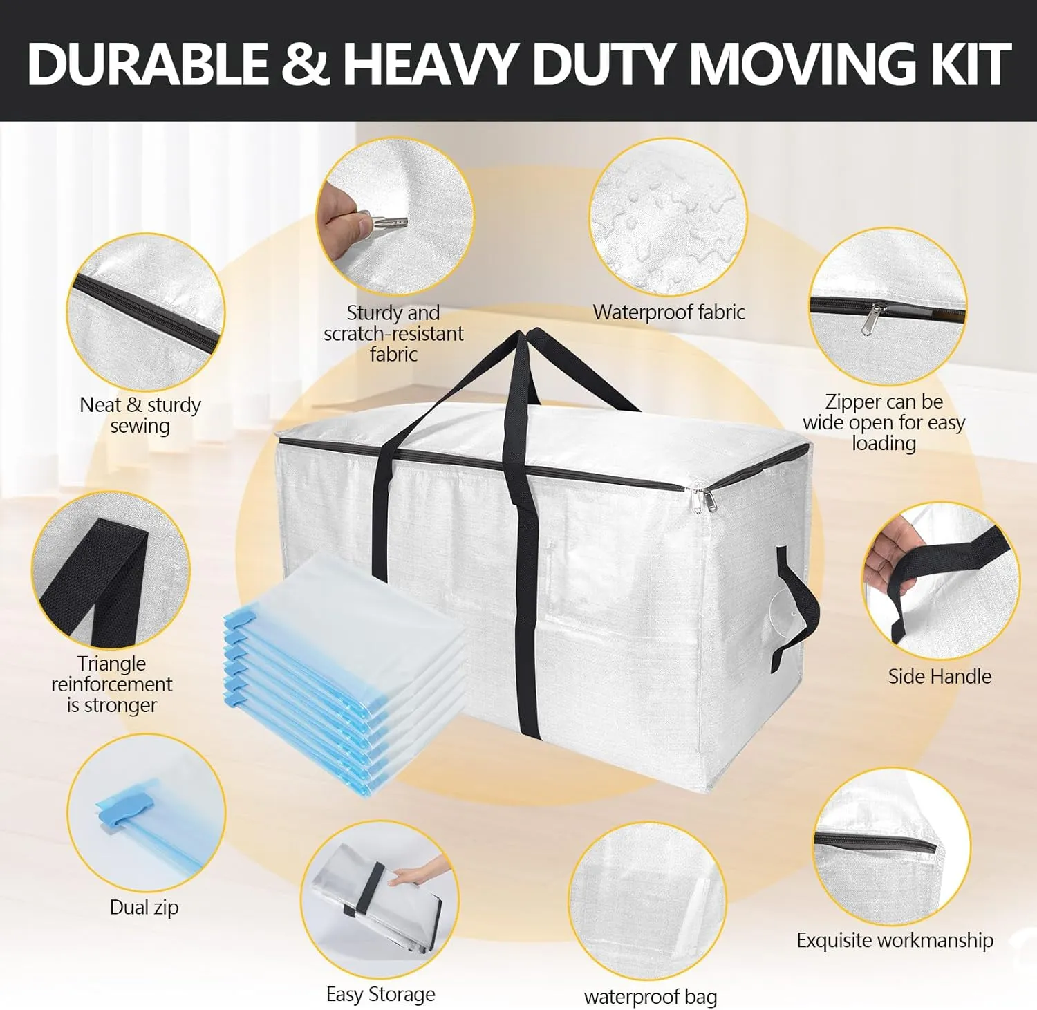 Extra Large Storage Bags Set Heavy Duty Moving Totes with Handles, Waterproof Dual- Fold Flat Storage Totes for Space Saving, (Transparent, 18 Park-8 Moving bag & 10 Vacuum Seal Bags)