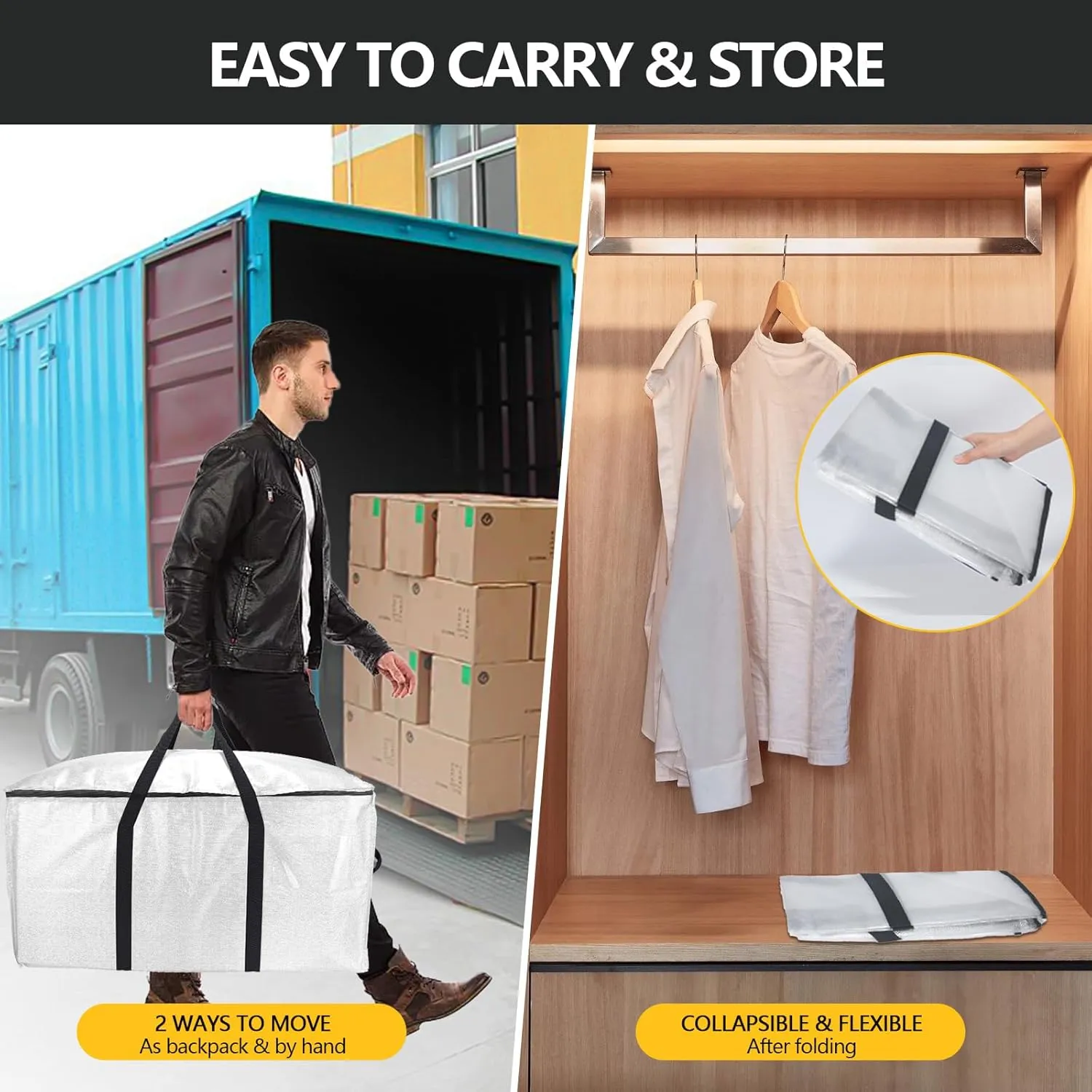 Extra Large Storage Bags Set Heavy Duty Moving Totes with Handles, Waterproof Dual- Fold Flat Storage Totes for Space Saving, (Transparent, 18 Park-8 Moving bag & 10 Vacuum Seal Bags)