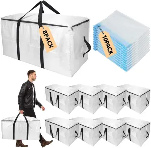 Extra Large Storage Bags Set Heavy Duty Moving Totes with Handles, Waterproof Dual- Fold Flat Storage Totes for Space Saving, (Transparent, 18 Park-8 Moving bag & 10 Vacuum Seal Bags)