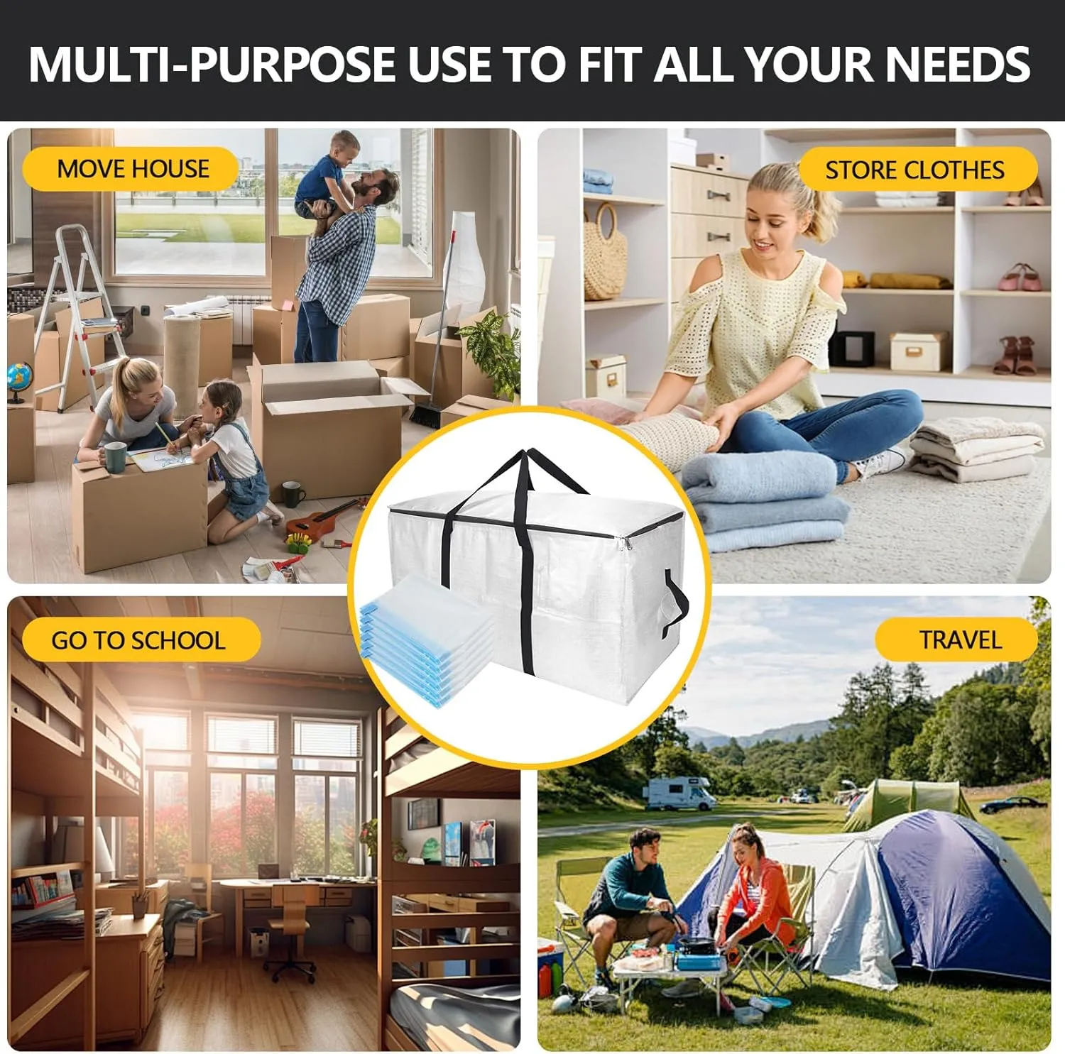 Extra Large Storage Bags Set Heavy Duty Moving Totes with Handles, Waterproof Dual- Fold Flat Storage Totes for Space Saving, (Transparent, 18 Park-8 Moving bag & 10 Vacuum Seal Bags)