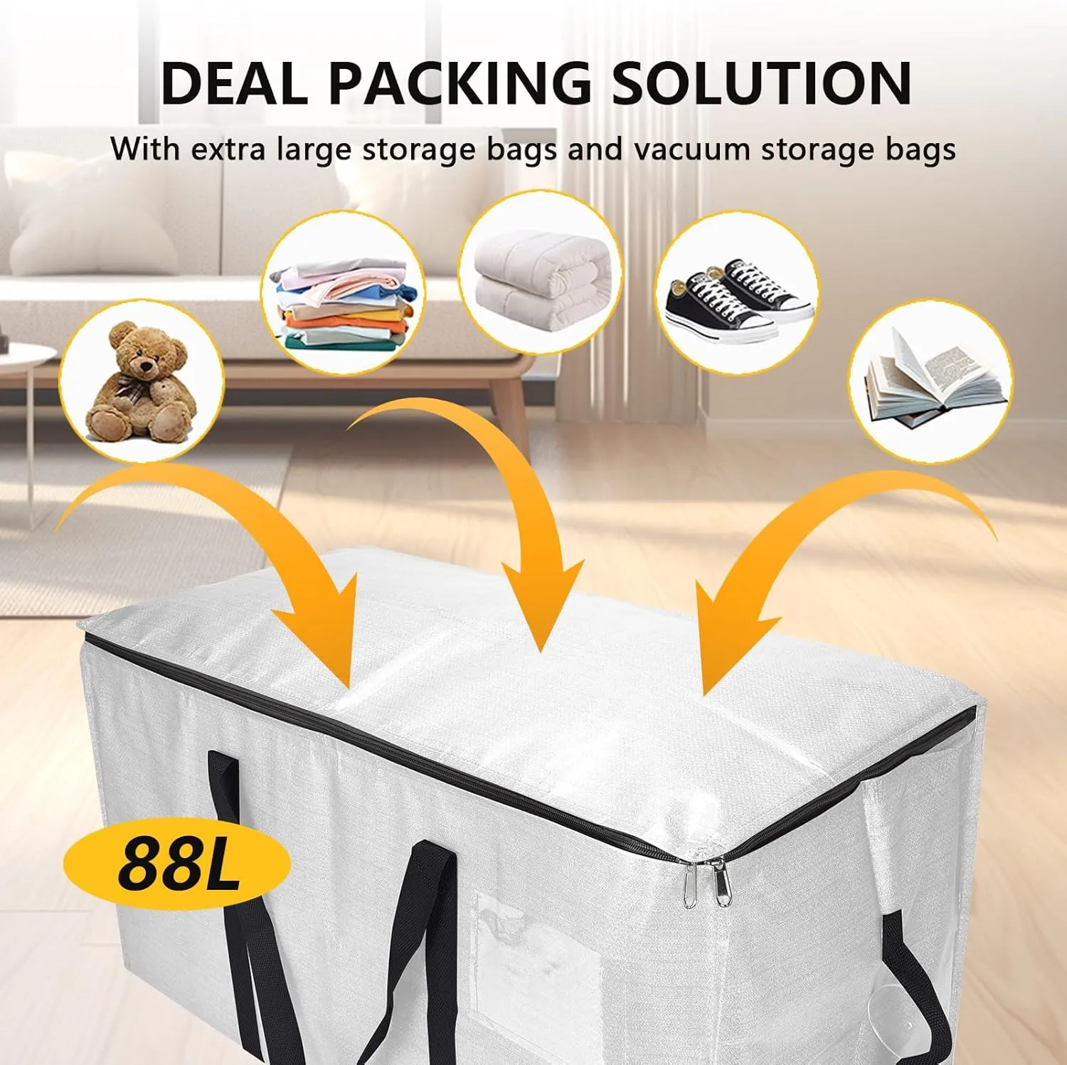 Extra Large Storage Bags Set Heavy Duty Moving Totes with Handles, Waterproof Dual- Fold Flat Storage Totes for Space Saving, (Transparent, 18 Park-8 Moving bag & 10 Vacuum Seal Bags)