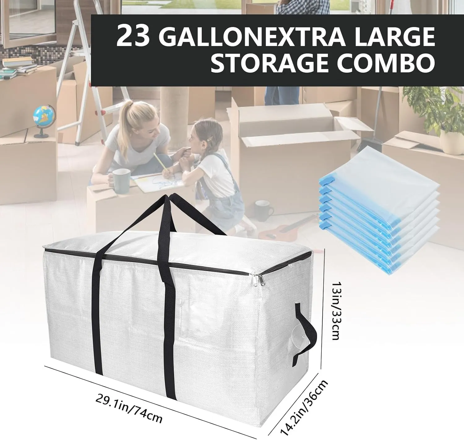 Extra Large Storage Bags Set Heavy Duty Moving Totes with Handles, Waterproof Dual- Fold Flat Storage Totes for Space Saving, (Transparent, 18 Park-8 Moving bag & 10 Vacuum Seal Bags)