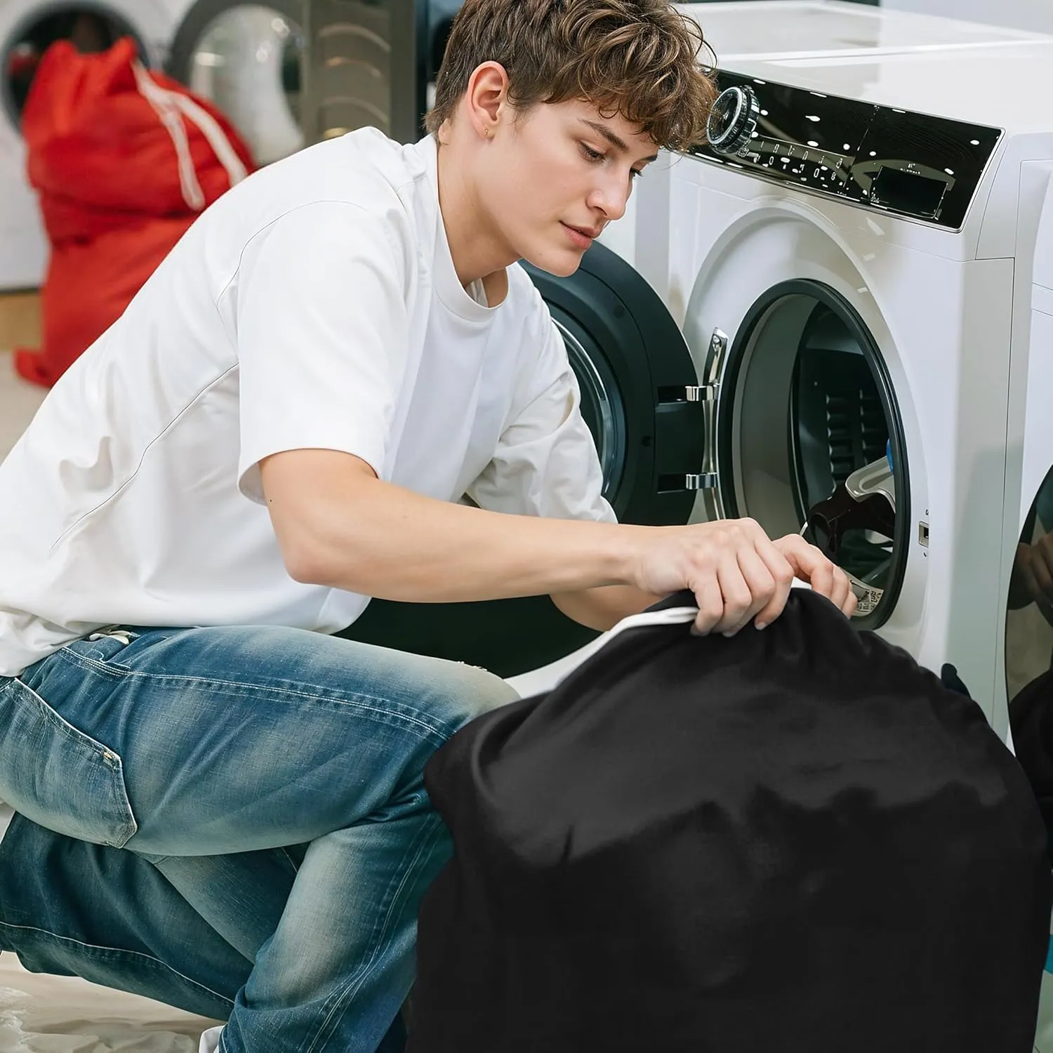 Extra Large Travel Laundry Bags, Dirty Cloth Organizer Bag for Traveling Drawstring Waterproof Bag Machine Washable nylon Hamper Bag or Basket (30x40 Inch, Dark Grey & Black)