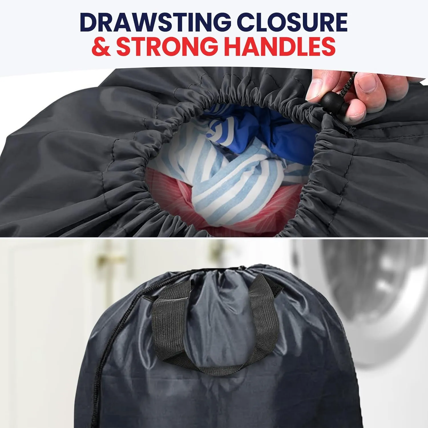 Extra Large Travel Laundry Bags, Dirty Cloth Organizer Bag for Traveling Drawstring Waterproof Bag Machine Washable nylon Hamper Bag or Basket (30x40 Inch, Dark Grey & Black)