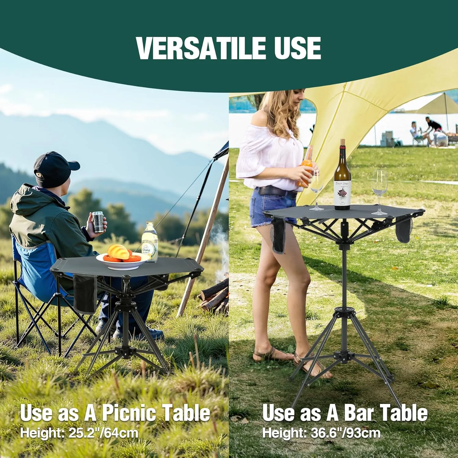 Extra Tall Folding Chairs & Adjustable Height Folding Table Set, Portable Outdoor Bar Table & Foldable Director Chairs with Makeup Pocket for Backyard,Beach,Travel (Includes Storage Bag)