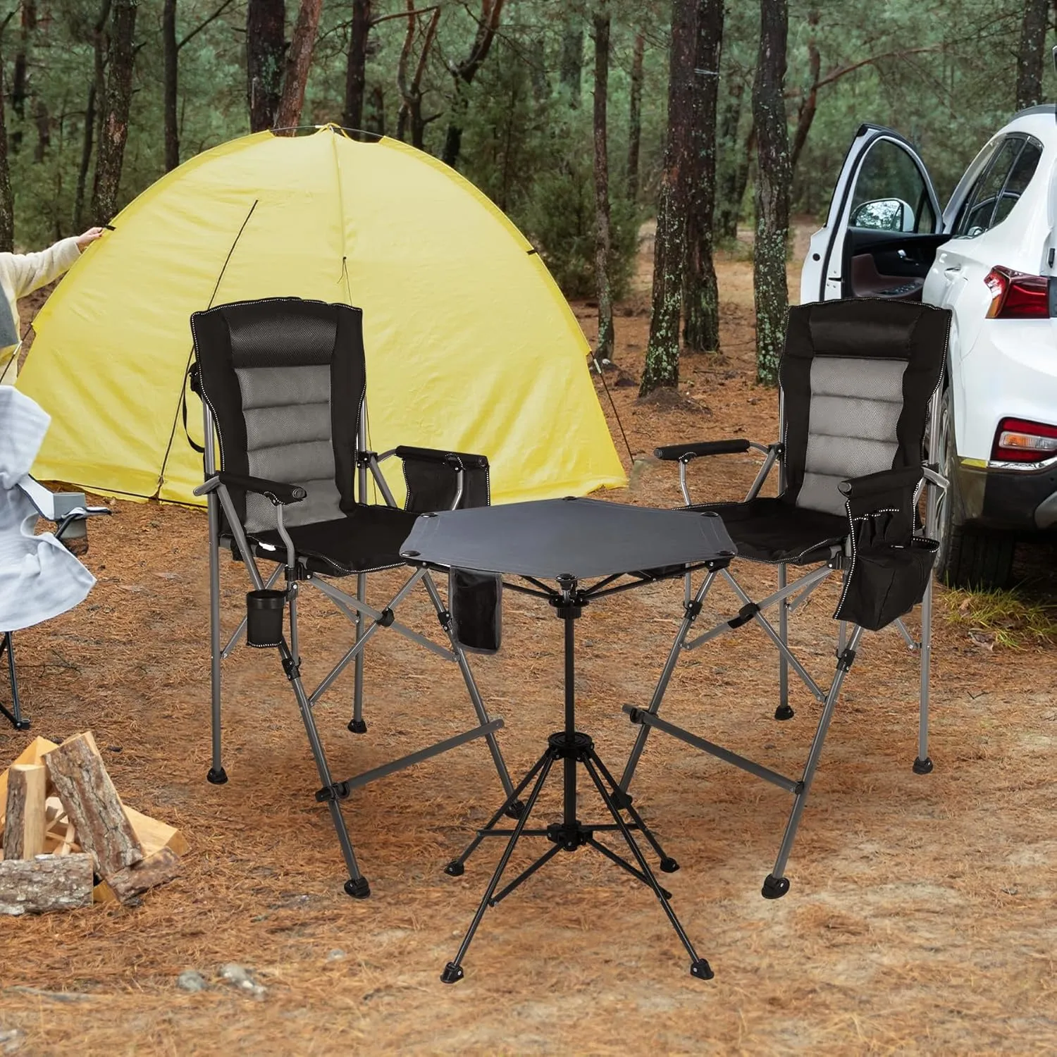 Extra Tall Folding Chairs & Adjustable Height Folding Table Set, Portable Outdoor Bar Table & Foldable Director Chairs with Makeup Pocket for Backyard,Beach,Travel (Includes Storage Bag)