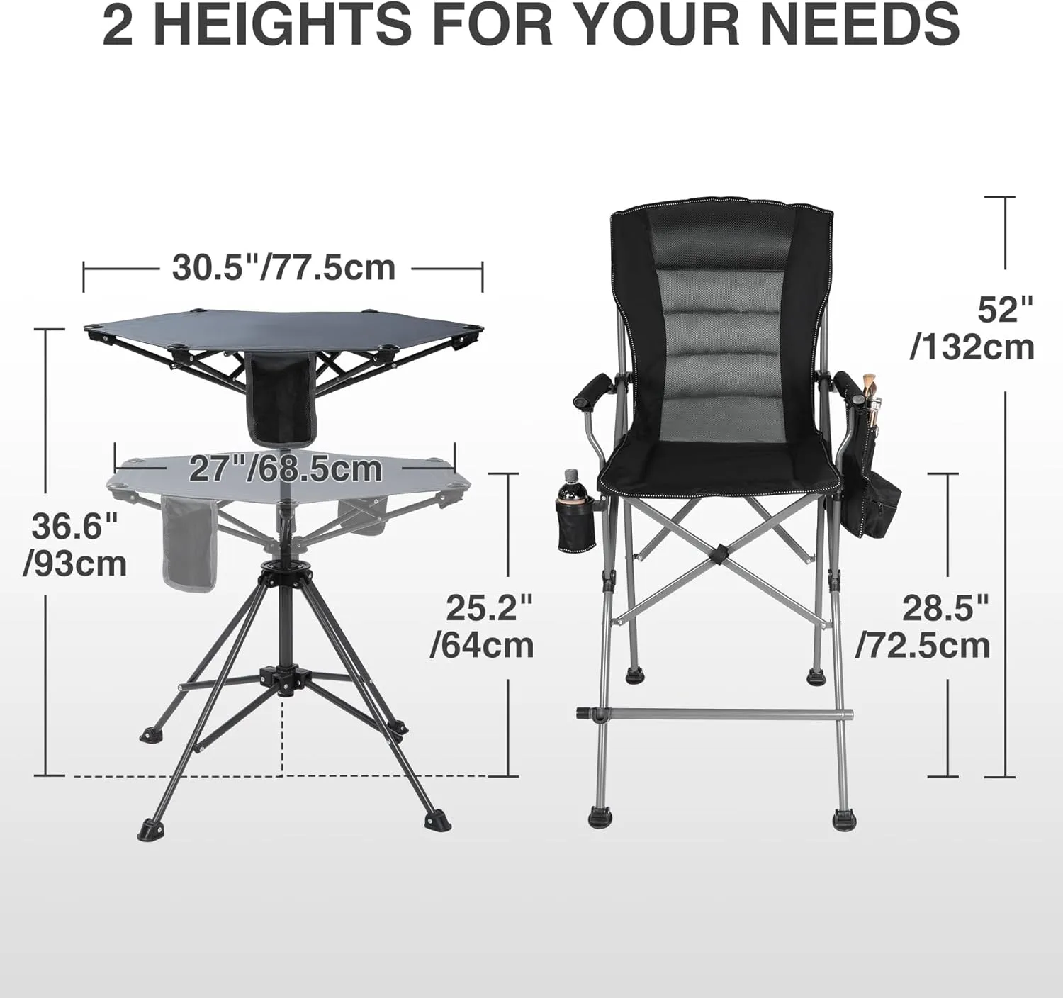 Extra Tall Folding Chairs & Adjustable Height Folding Table Set, Portable Outdoor Bar Table & Foldable Director Chairs with Makeup Pocket for Backyard,Beach,Travel (Includes Storage Bag)