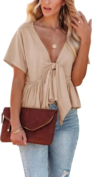 Fanway&EC Women's Short Sleeve V Neck Blouses Ruffle Hem Tie Front Crop Tops Lightweight Basic Summer Tops