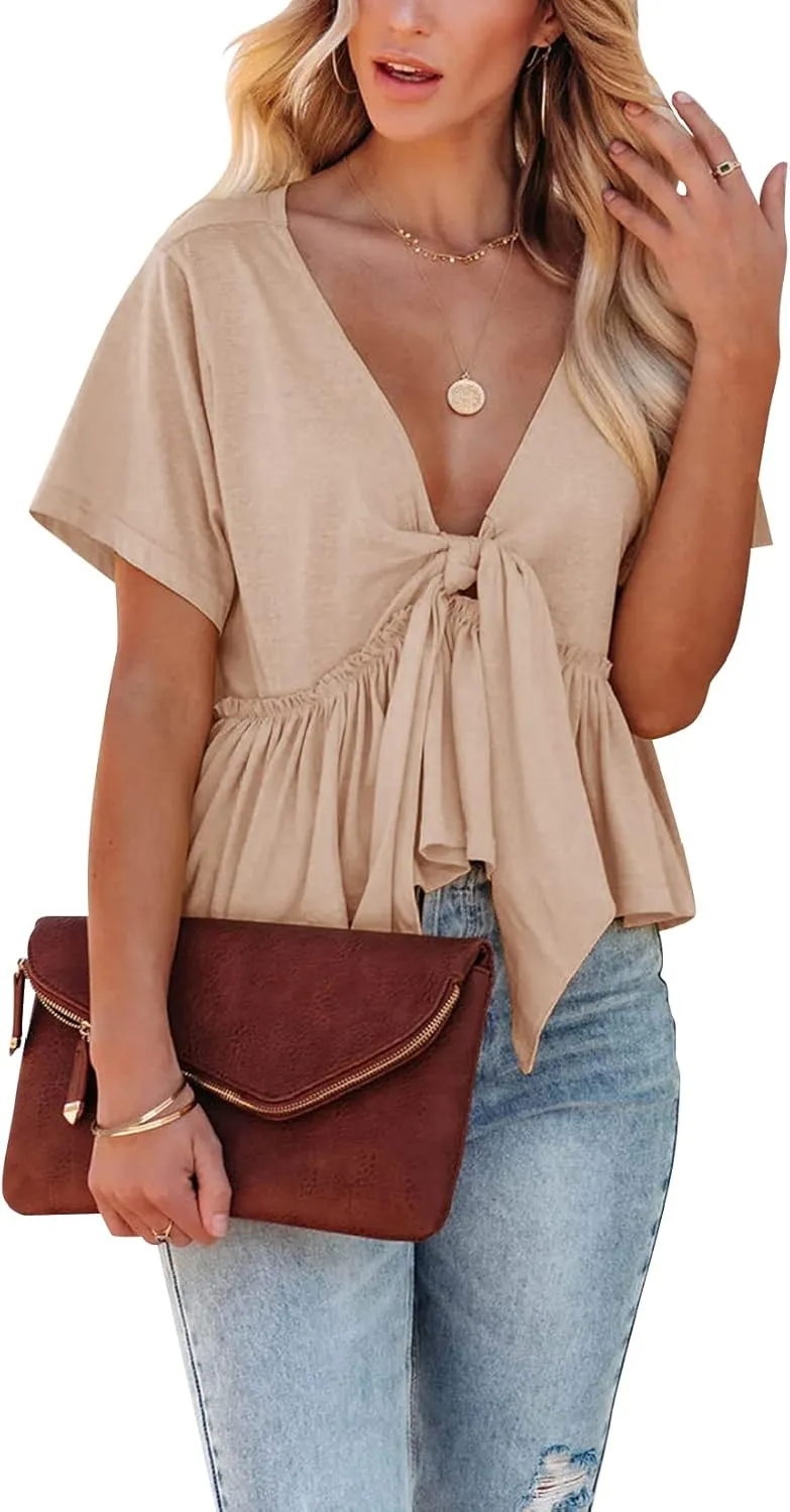 Fanway&EC Women's Short Sleeve V Neck Blouses Ruffle Hem Tie Front Crop Tops Lightweight Basic Summer Tops