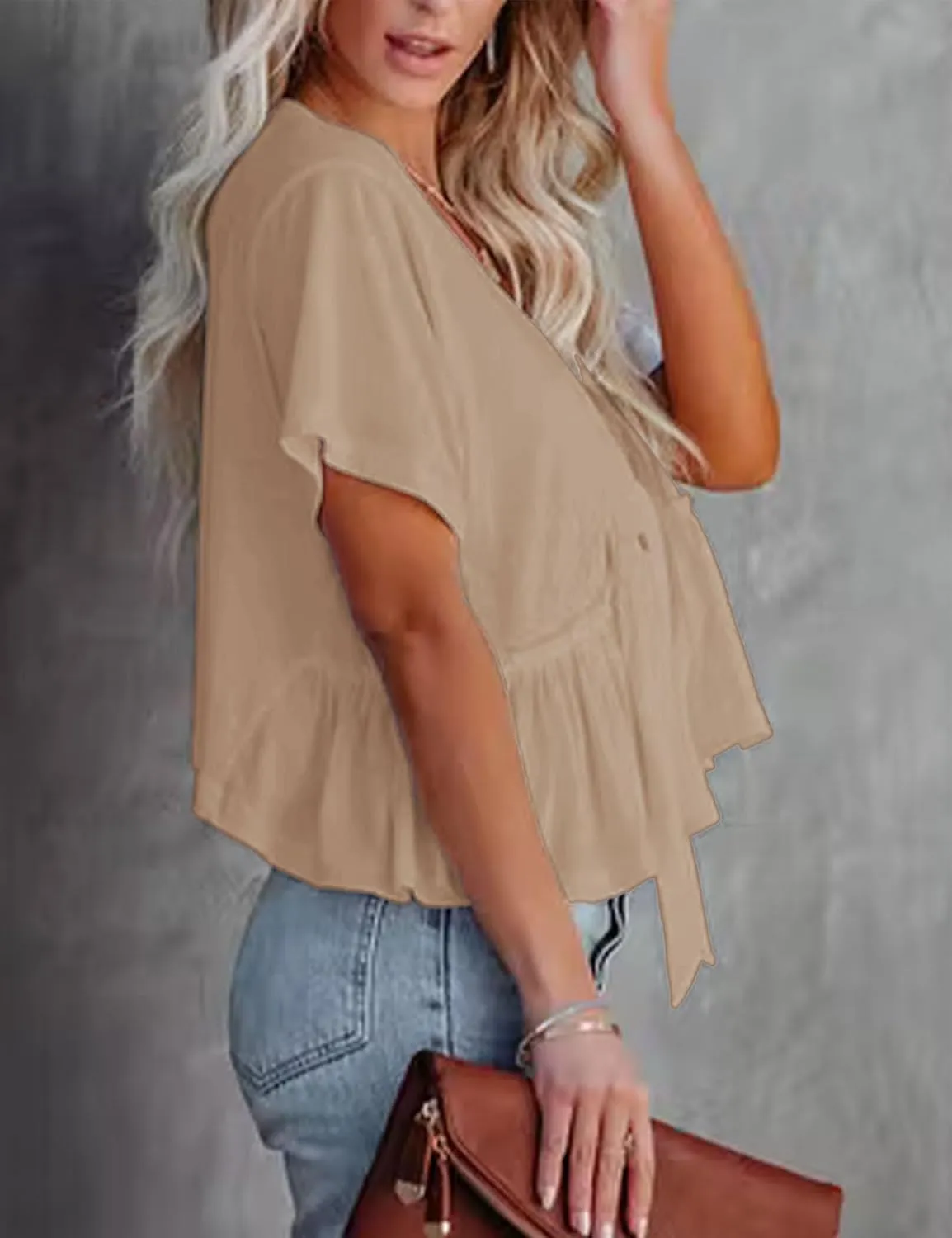 Fanway&EC Women's Short Sleeve V Neck Blouses Ruffle Hem Tie Front Crop Tops Lightweight Basic Summer Tops