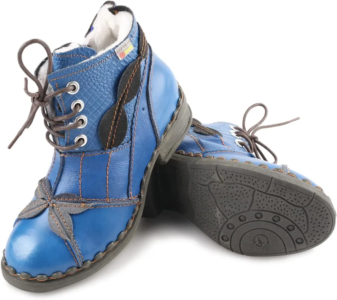 Faux Fur Lining Snow Boots Patchwork Washed Leather Shoes Lace-up Women's Ankle Boots