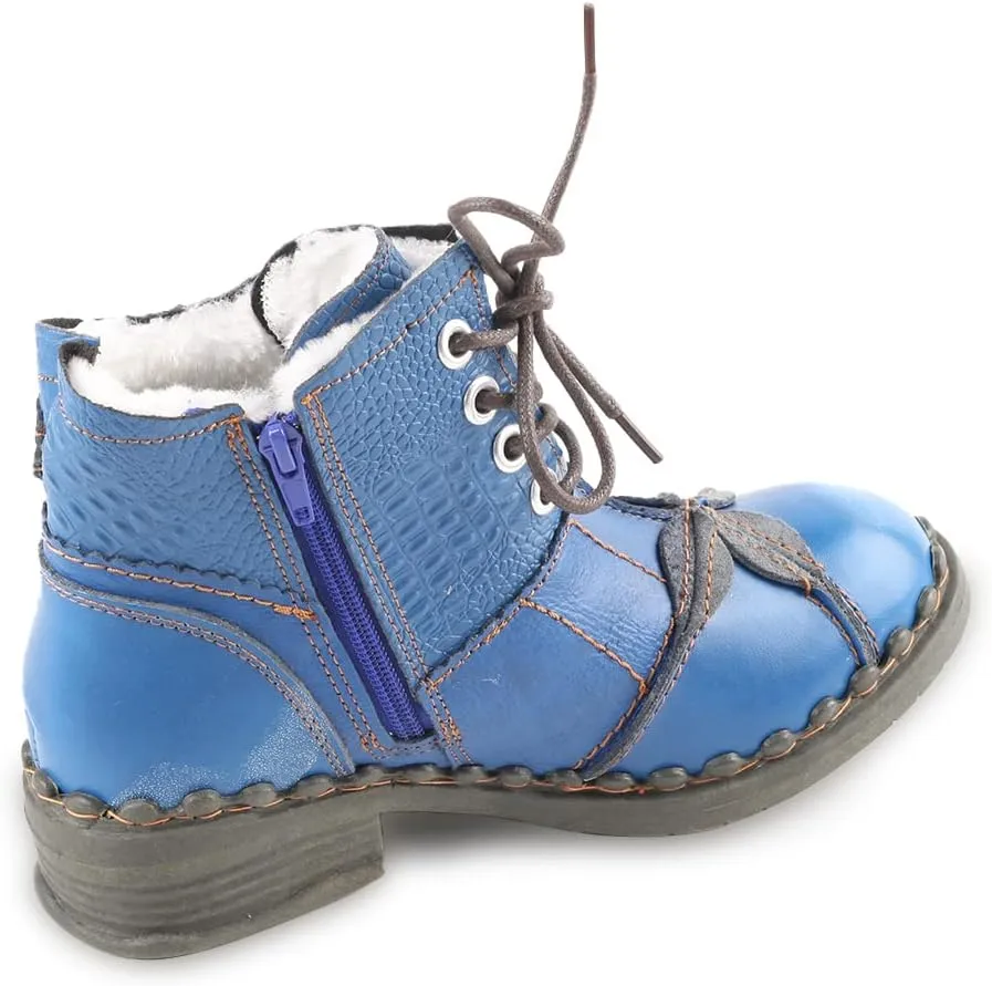 Faux Fur Lining Snow Boots Patchwork Washed Leather Shoes Lace-up Women's Ankle Boots
