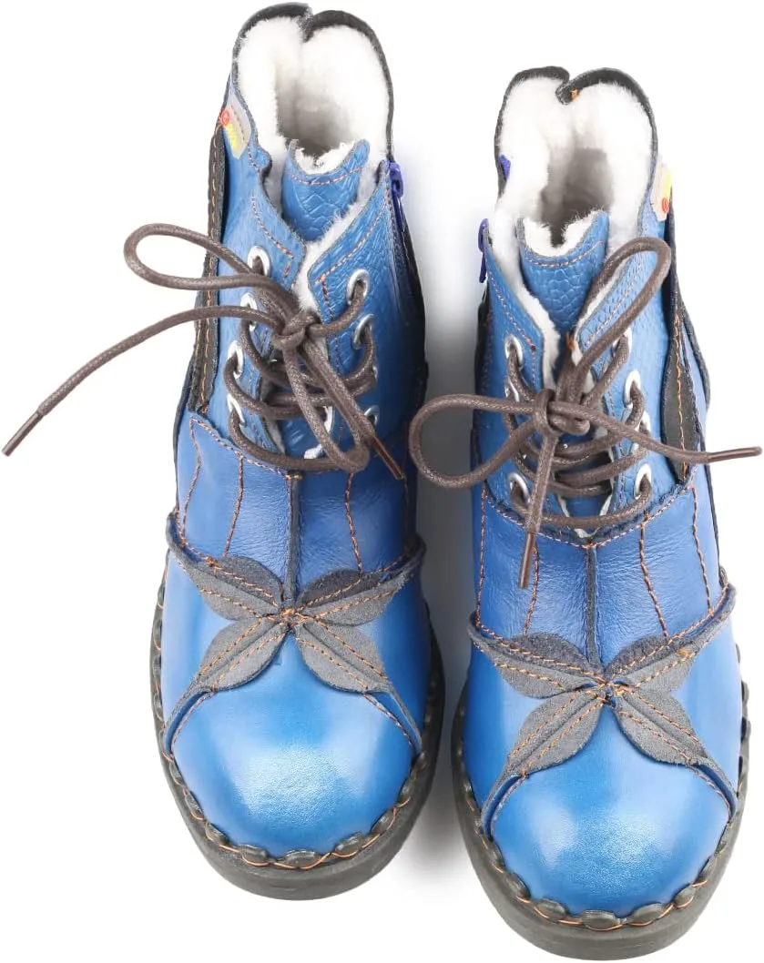 Faux Fur Lining Snow Boots Patchwork Washed Leather Shoes Lace-up Women's Ankle Boots