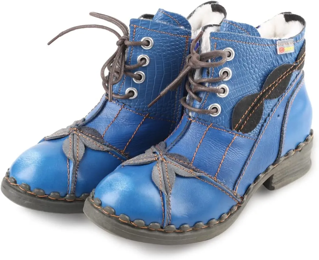 Faux Fur Lining Snow Boots Patchwork Washed Leather Shoes Lace-up Women's Ankle Boots