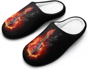Fire Electric Guitar Flame Soft Warm Cotton Slippers for Women Flannel Home Shoes House Shoes Non-Slip Washable