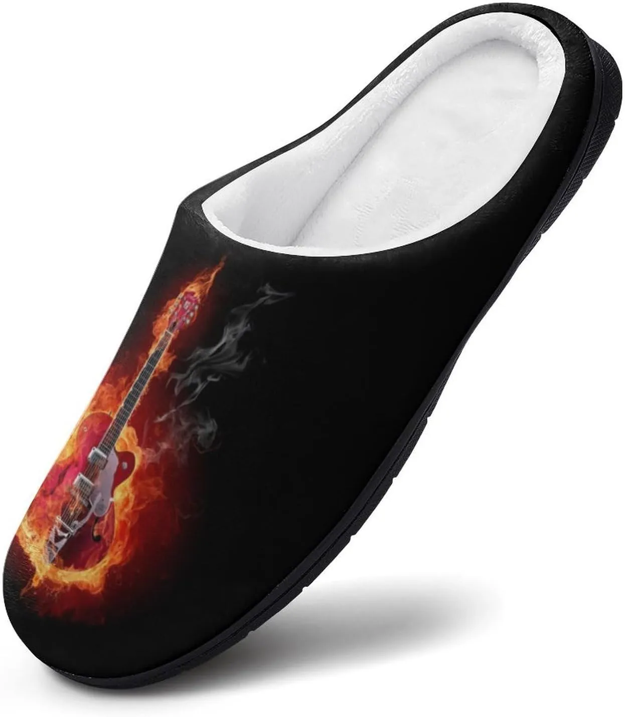 Fire Electric Guitar Flame Soft Warm Cotton Slippers for Women Flannel Home Shoes House Shoes Non-Slip Washable
