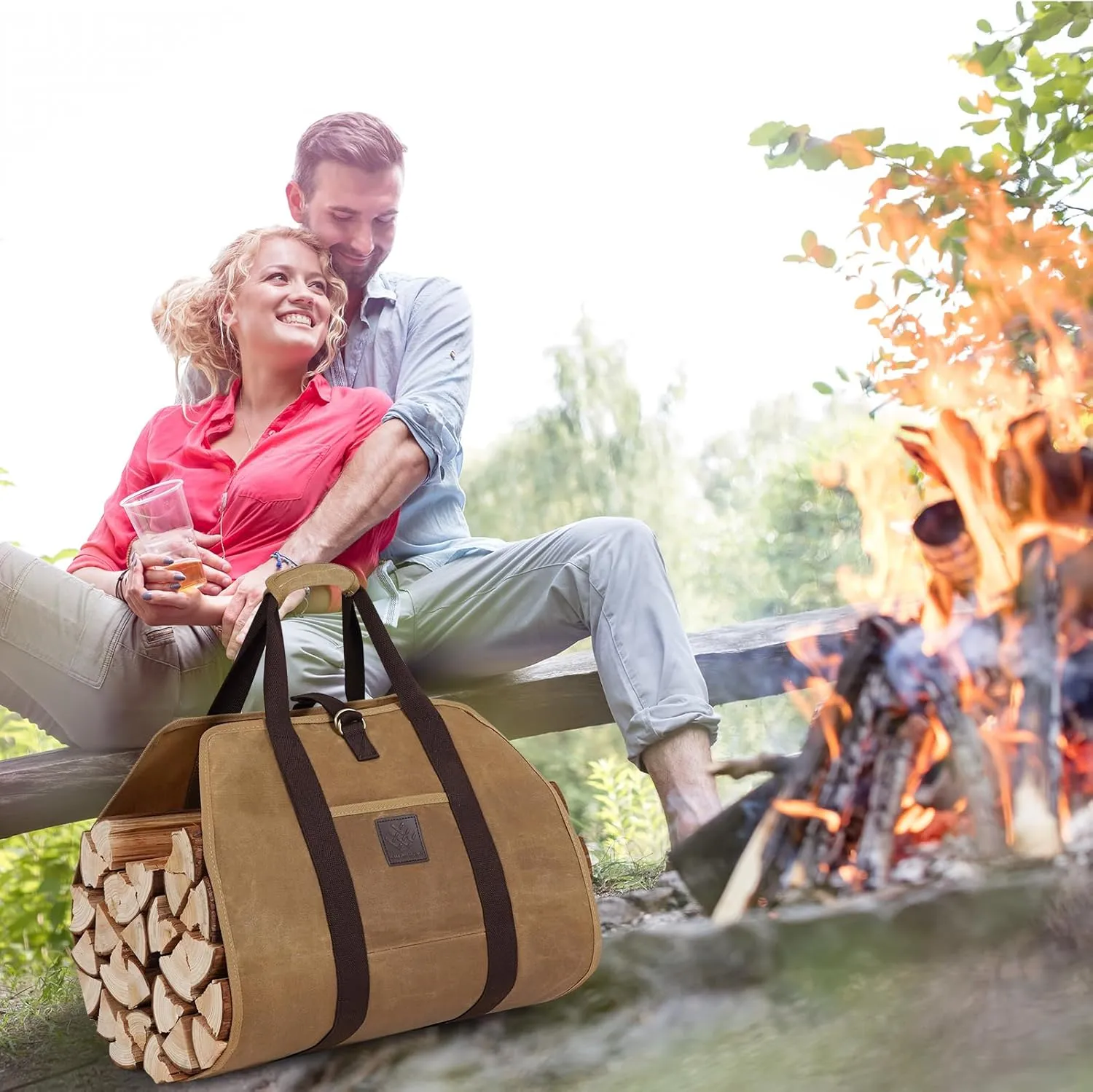 Firewood Carrier Bag 40" L x 19" W, Wood Carrier for Firewood with Padded Handle, Front Pocket & Foldable Design - Dark Khaki
