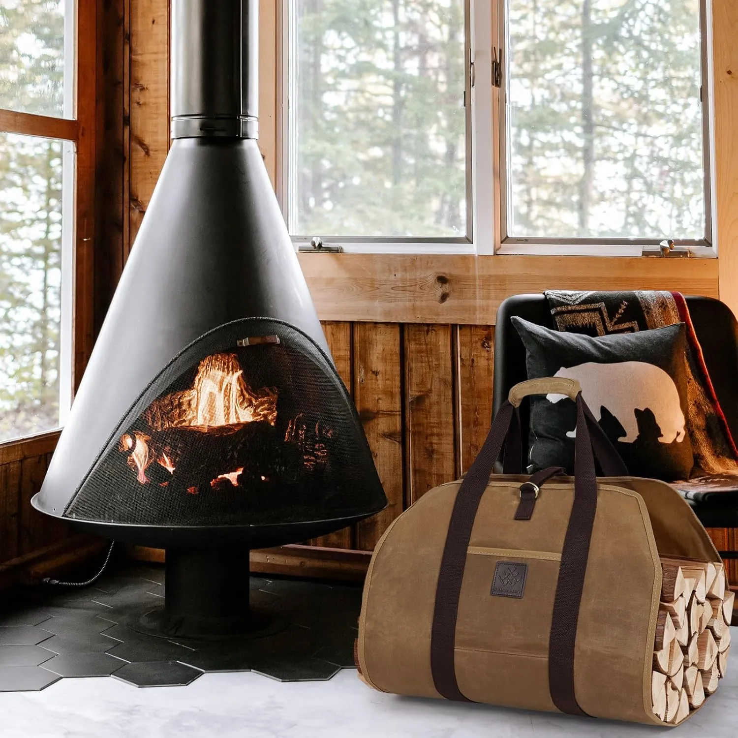 Firewood Carrier Bag 40" L x 19" W, Wood Carrier for Firewood with Padded Handle, Front Pocket & Foldable Design - Dark Khaki