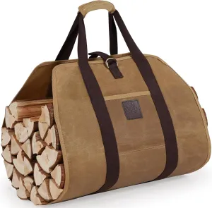 Firewood Carrier Bag 40" L x 19" W, Wood Carrier for Firewood with Padded Handle, Front Pocket & Foldable Design - Dark Khaki