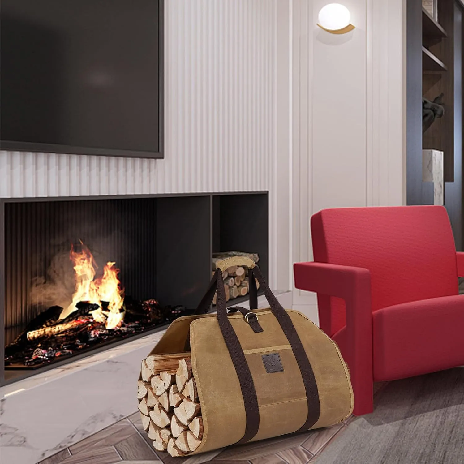 Firewood Carrier Bag 40" L x 19" W, Wood Carrier for Firewood with Padded Handle, Front Pocket & Foldable Design - Dark Khaki