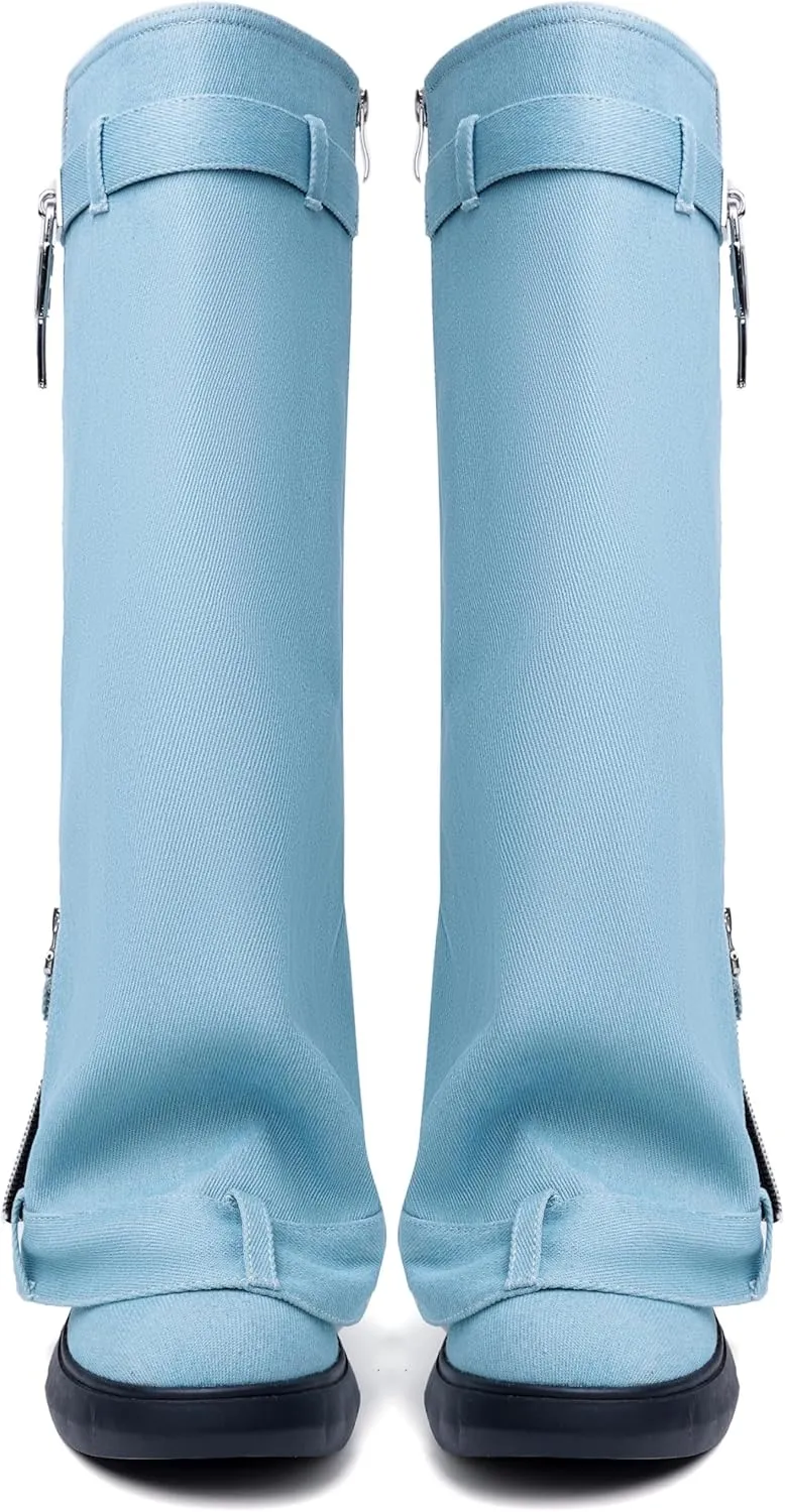 Fold Over Boots for Women Pointy Pull-on Wedge Heel Knee Shark Boot With Side Zipper Padlock Design