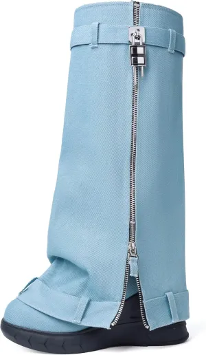 Fold Over Boots for Women Pointy Pull-on Wedge Heel Knee Shark Boot With Side Zipper Padlock Design