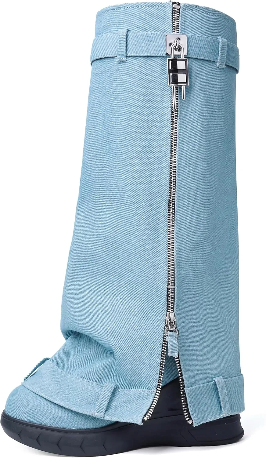 Fold Over Boots for Women Pointy Pull-on Wedge Heel Knee Shark Boot With Side Zipper Padlock Design
