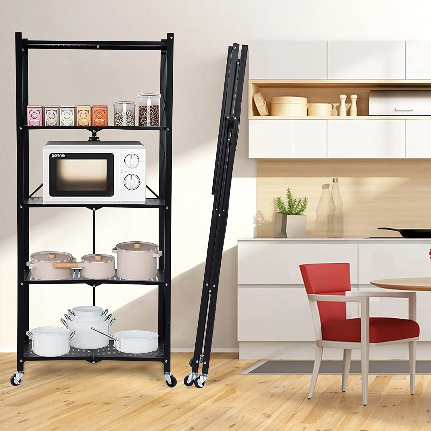 Foldable 5 Tier Kitchen Trolley Shelving Unit With Wheels