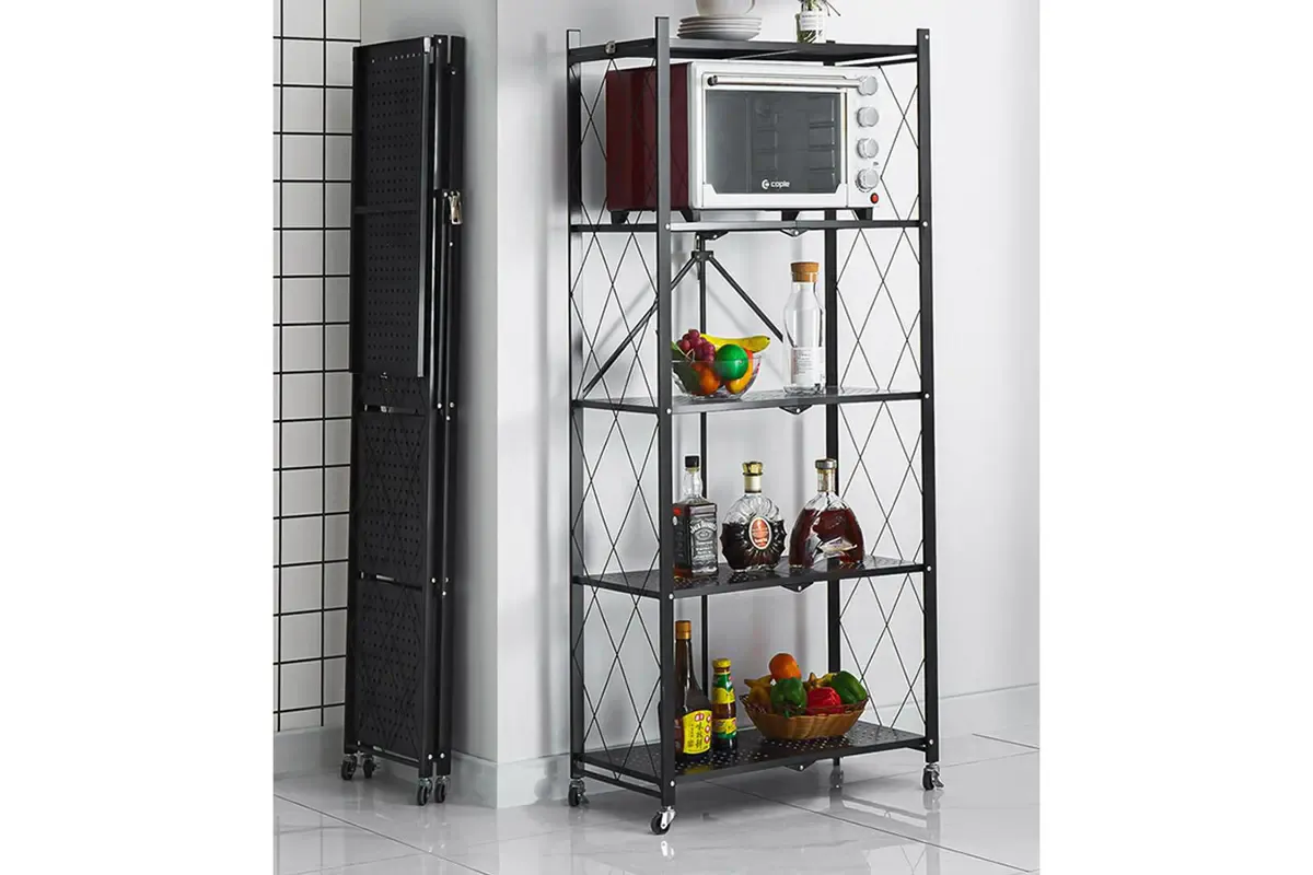 Foldable 5 Tier Kitchen Trolley Shelving Unit With Wheels