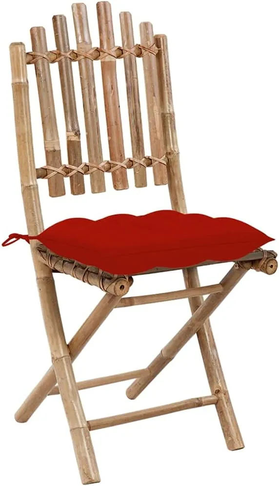 Foldable Bamboo Patio Chairs 2 Pcs with Red Cushions, Outdoor Furniture for Garden Camping Beach, Weather-Resistant Folding Chairs with Secure Rope Design