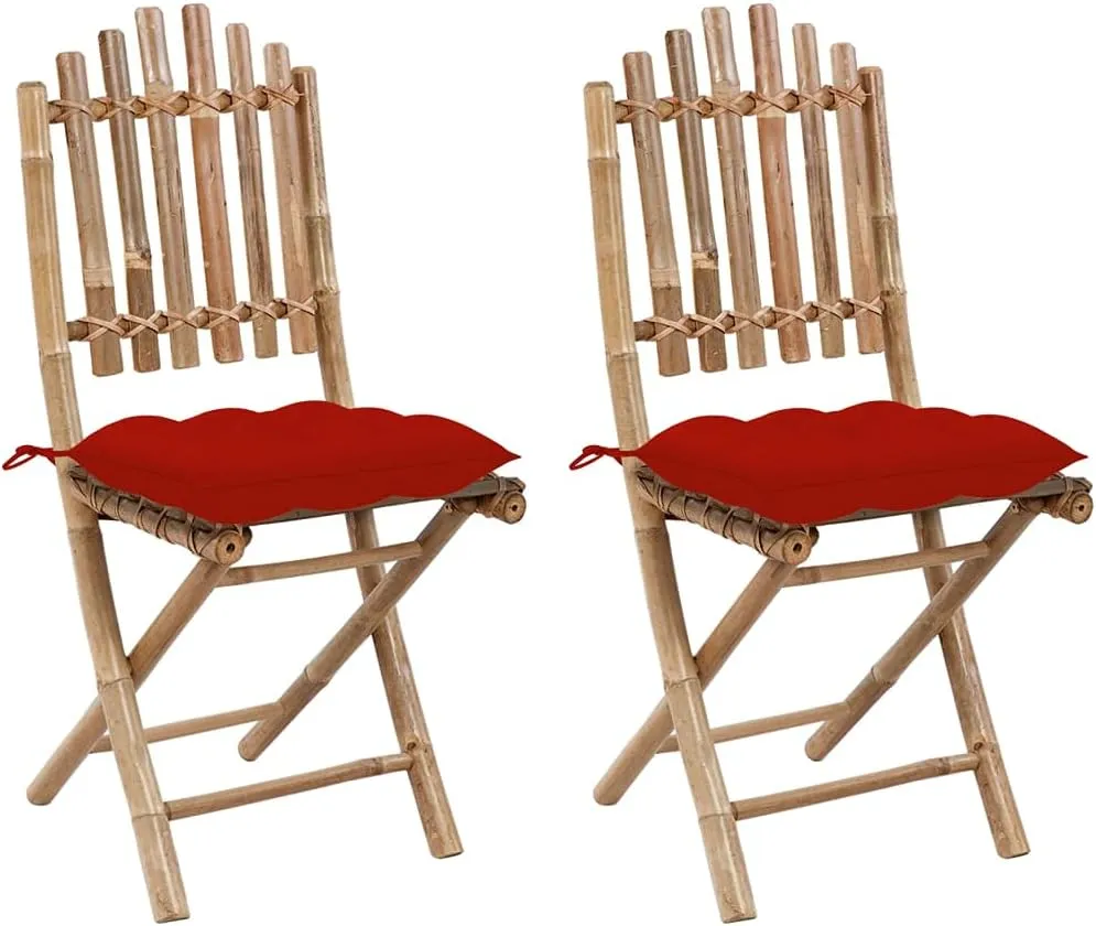 Foldable Bamboo Patio Chairs 2 Pcs with Red Cushions, Outdoor Furniture for Garden Camping Beach, Weather-Resistant Folding Chairs with Secure Rope Design