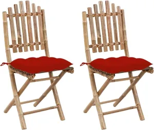 Foldable Bamboo Patio Chairs 2 Pcs with Red Cushions, Outdoor Furniture for Garden Camping Beach, Weather-Resistant Folding Chairs with Secure Rope Design