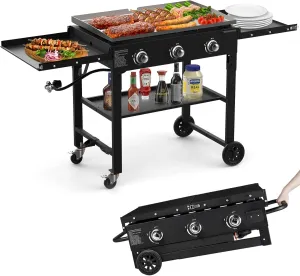 Foldable Flat Top Grill, Outdoor Griddle-3 Burner Propane Griddle with Two Foldable Shelves,36" Flat Grills Outdoor-45,000 BTU Gas Grill for BBQ& Outdoor Cooking,Black
