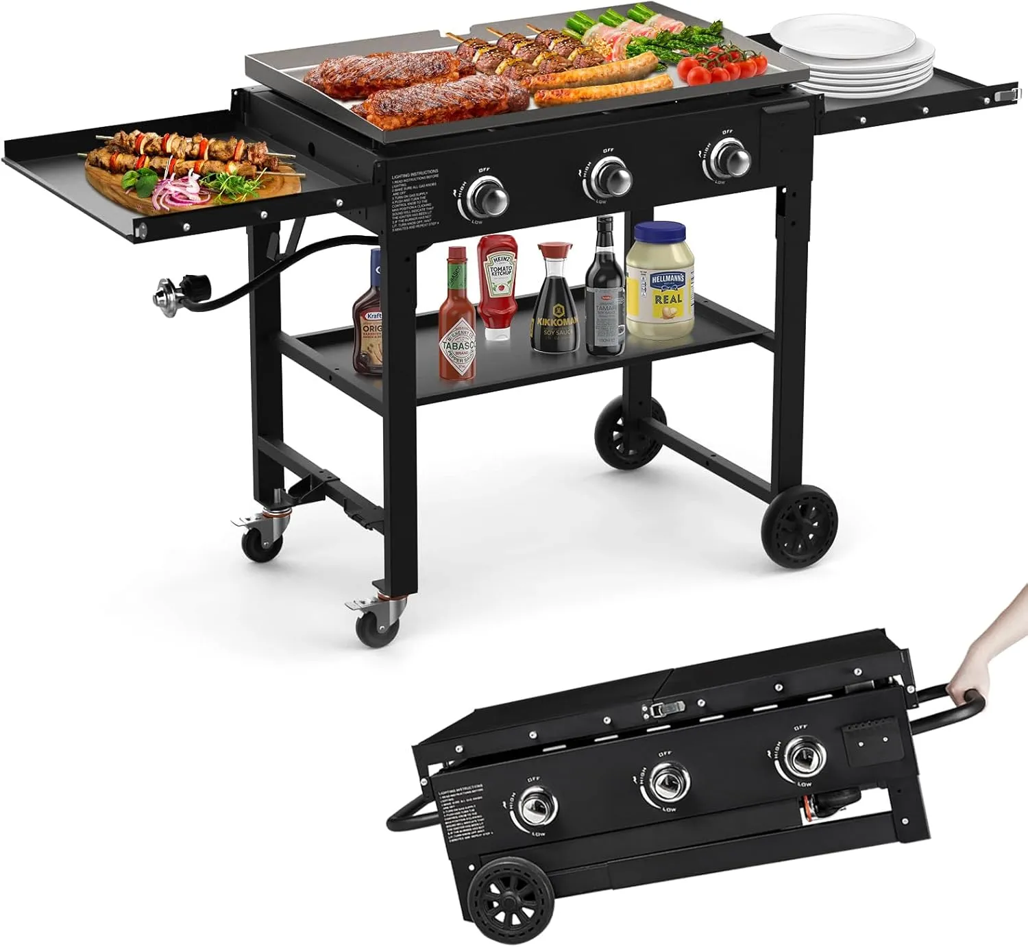Foldable Flat Top Grill, Outdoor Griddle-3 Burner Propane Griddle with Two Foldable Shelves,36" Flat Grills Outdoor-45,000 BTU Gas Grill for BBQ& Outdoor Cooking,Black
