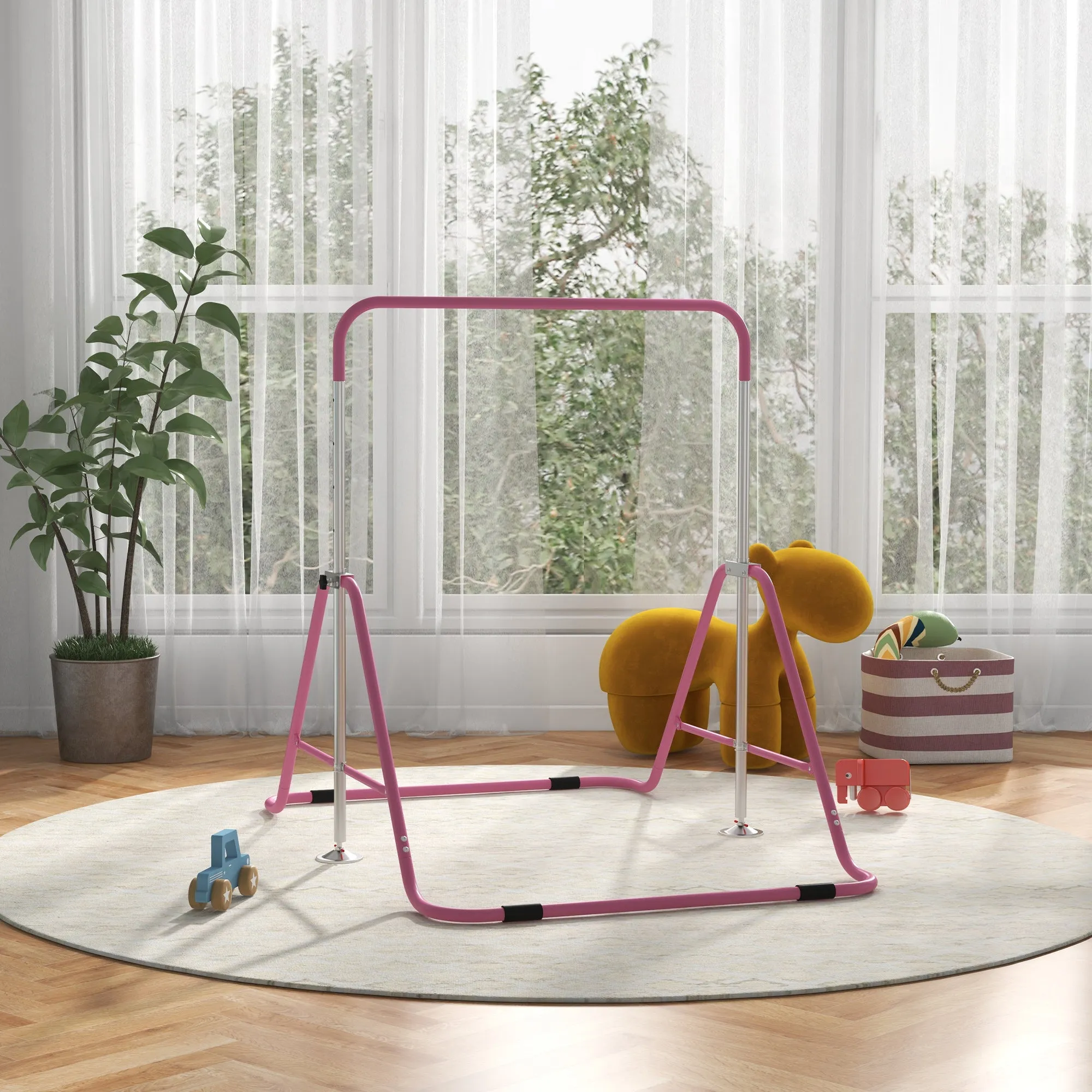 Foldable Gymnastics Bar for Kids, Expandable Gymnastics Equipment with Adjustable Height for Boys Girls, Pink