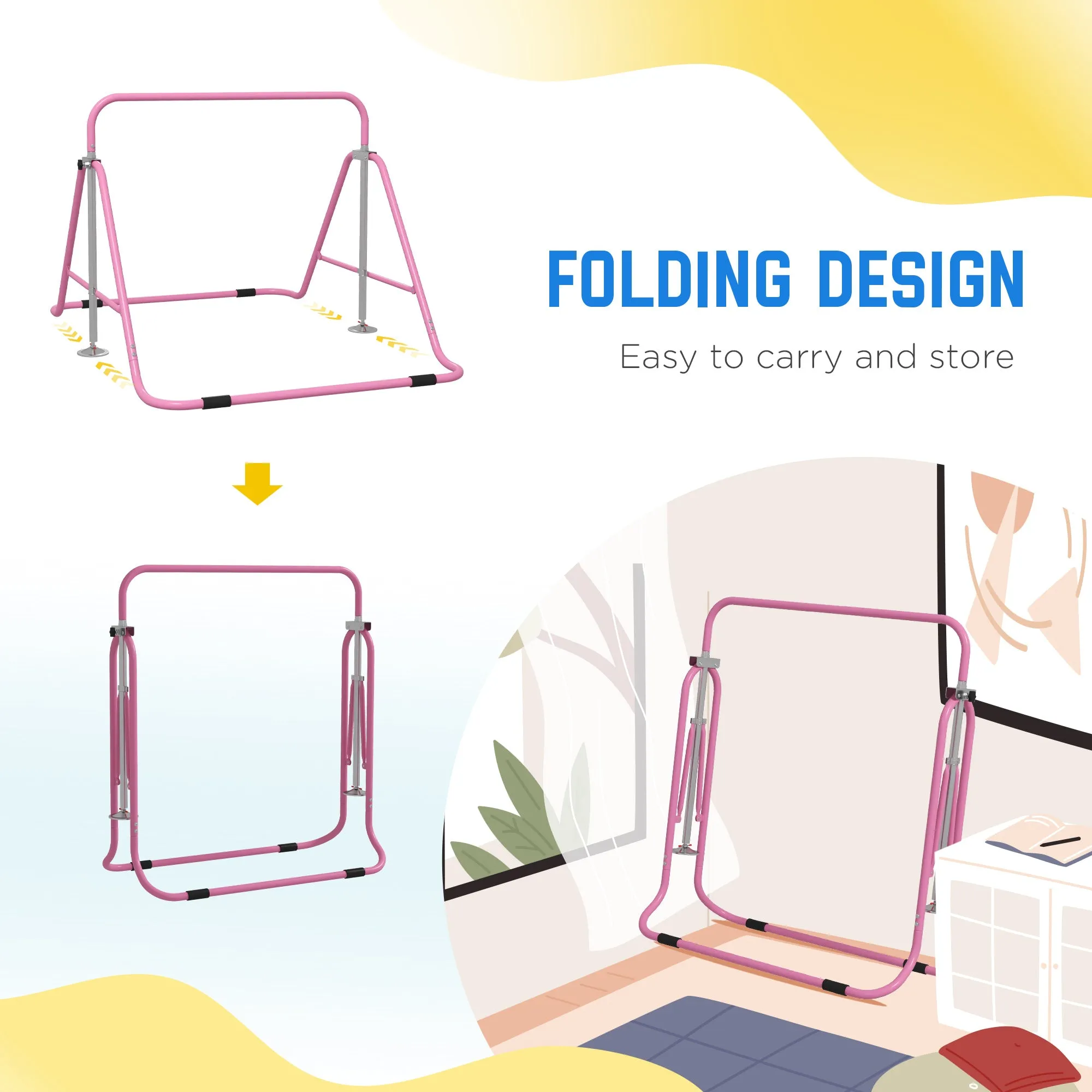 Foldable Gymnastics Bar for Kids, Expandable Gymnastics Equipment with Adjustable Height for Boys Girls, Pink