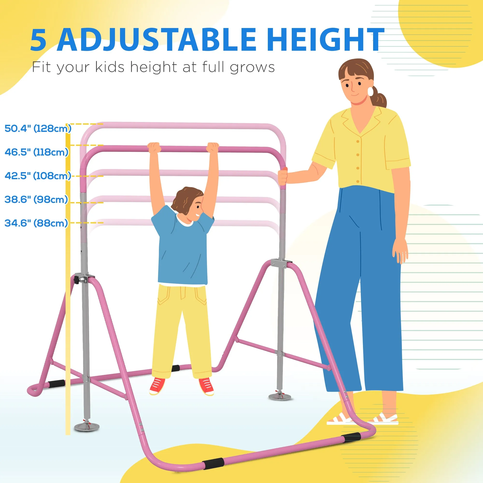 Foldable Gymnastics Bar for Kids, Expandable Gymnastics Equipment with Adjustable Height for Boys Girls, Pink