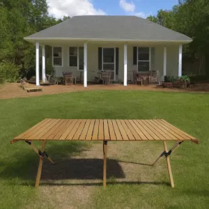 Foldable Portable Patio Dining Table with Roll-Up Top, Multi-Function Design, Natural Solid Wood