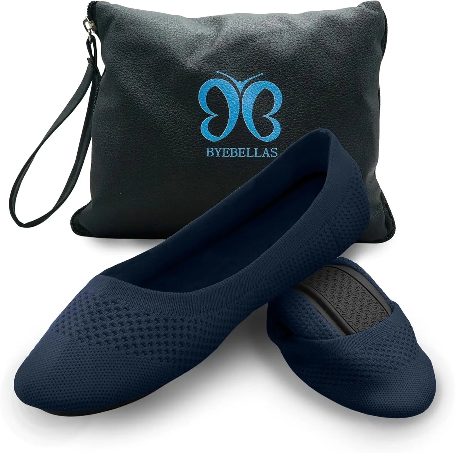 Foldable Stretch Knit Travel Slip-On Round Toe Ballet Flats with Packable Zipper Pouch and Expandable Tote Bag Carrying Case Split Sole Shoes