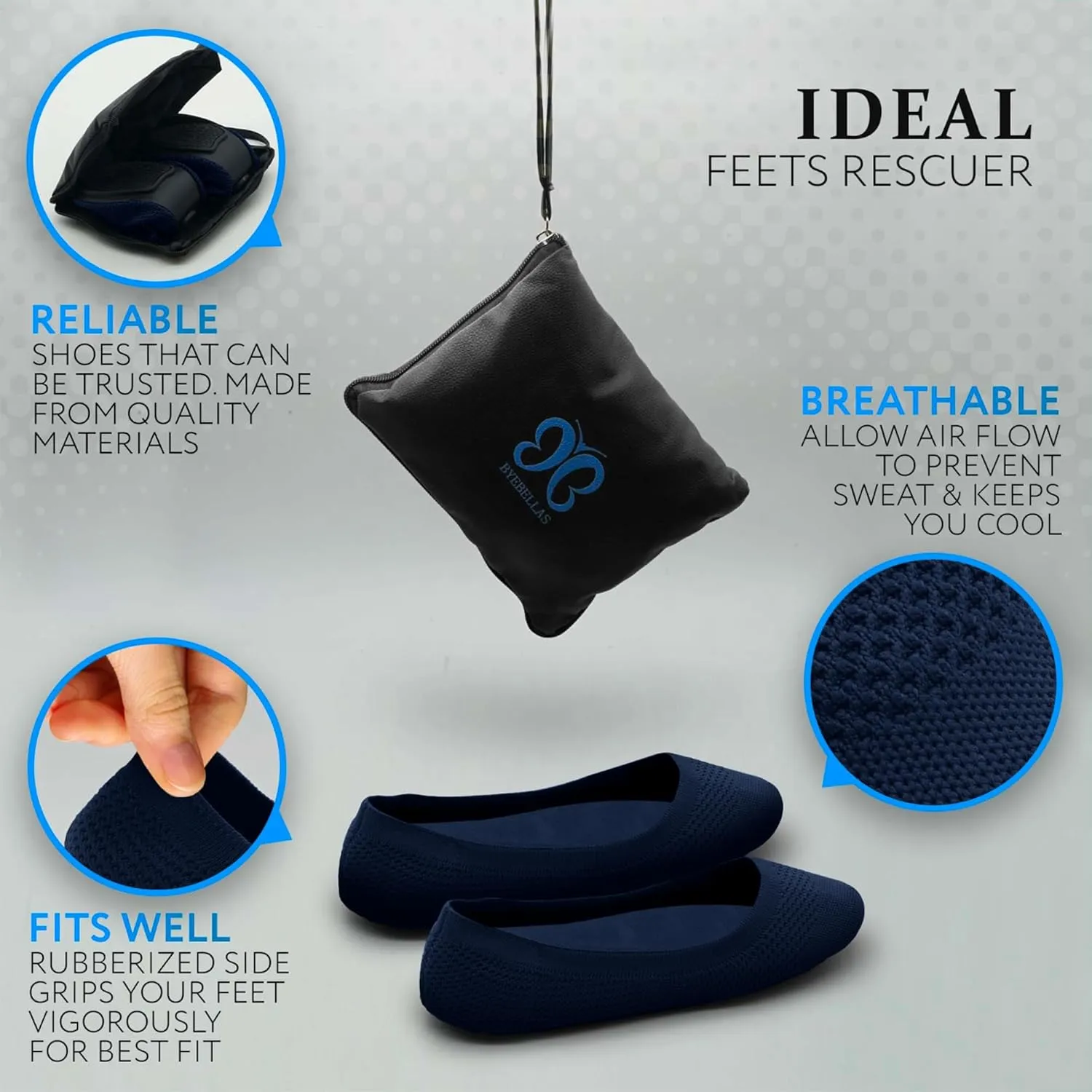 Foldable Stretch Knit Travel Slip-On Round Toe Ballet Flats with Packable Zipper Pouch and Expandable Tote Bag Carrying Case Split Sole Shoes